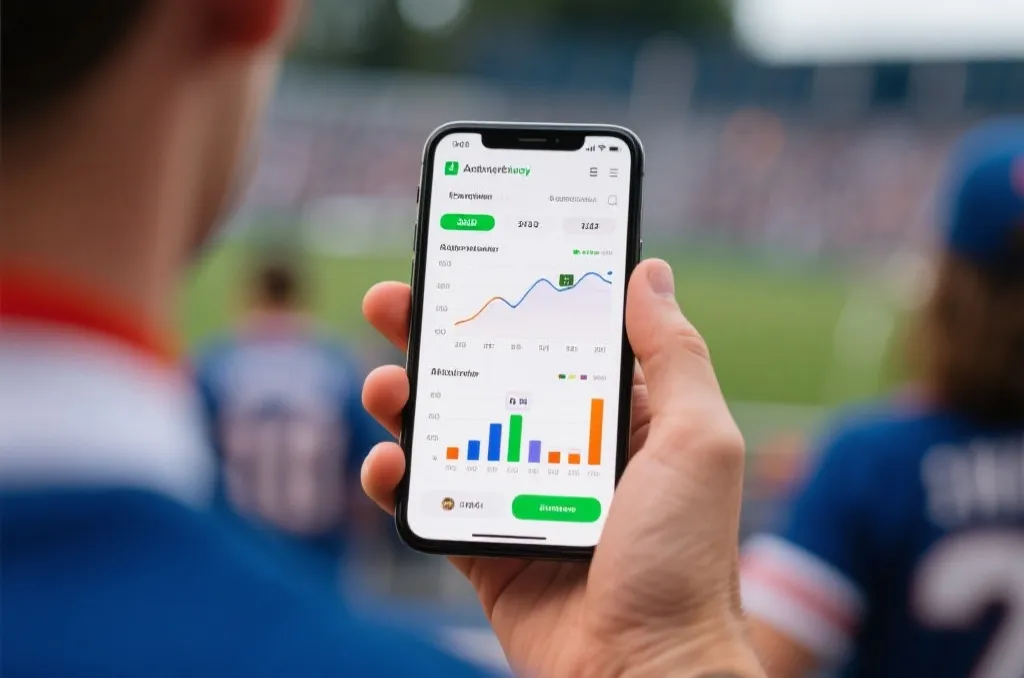球迷手中拿着智能手机，屏幕上显示着无品牌的体育赛事数据图表与实时分析界面